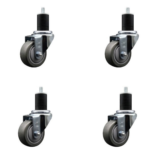 3'' Gray Poly Wheel Swivel 1-3/4'' Expanding Stem Caster Set, 4PK